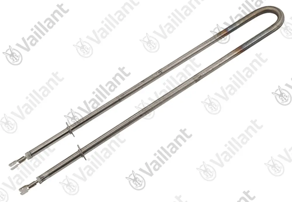 Vaillant Heizwendel aus Edelstahl mit zwei Anschlüssen, verwendet in Heizsystemen für die Wärmeübertragung. Minimalistische Konstruktion mit U-förmigem Design.